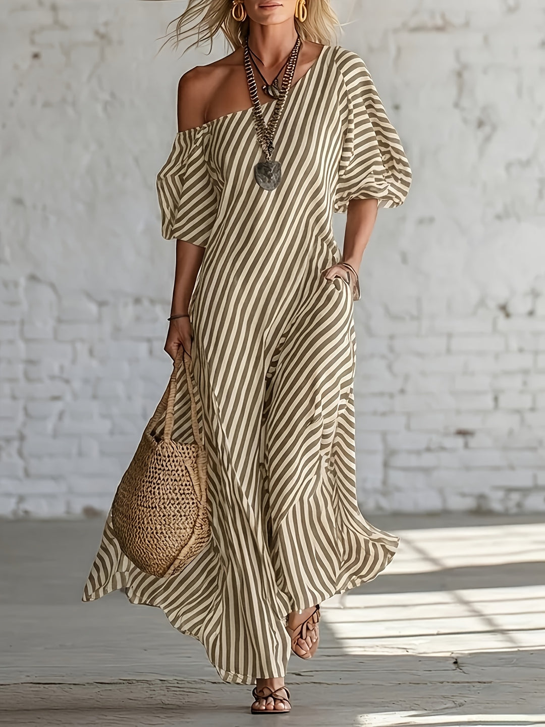 Helena - Striped One-Shoulder Summer Maxi Dress