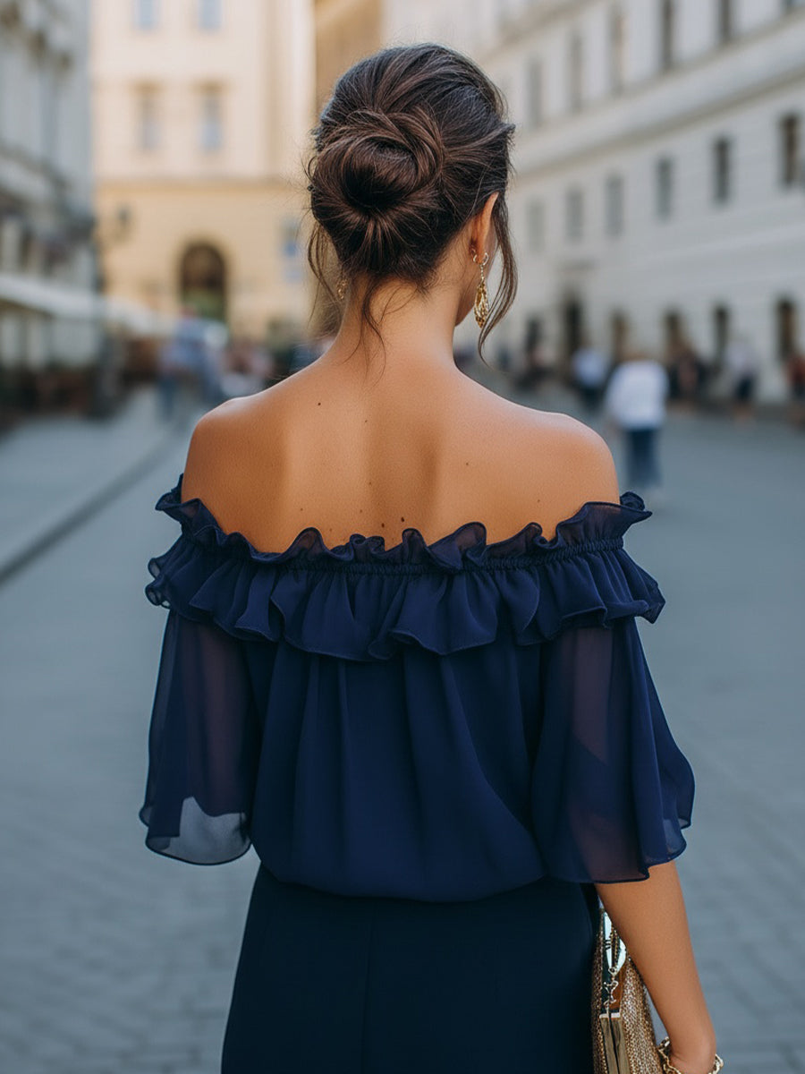 Elina - Off-Shoulder Ruffled Chiffon Top Blouse