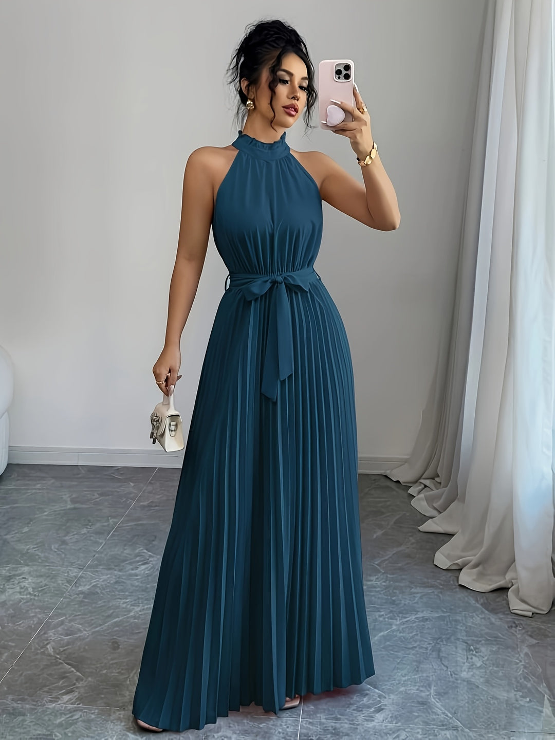 Rose - Sleeveless Pleated Waist-cinching Maxi Dress