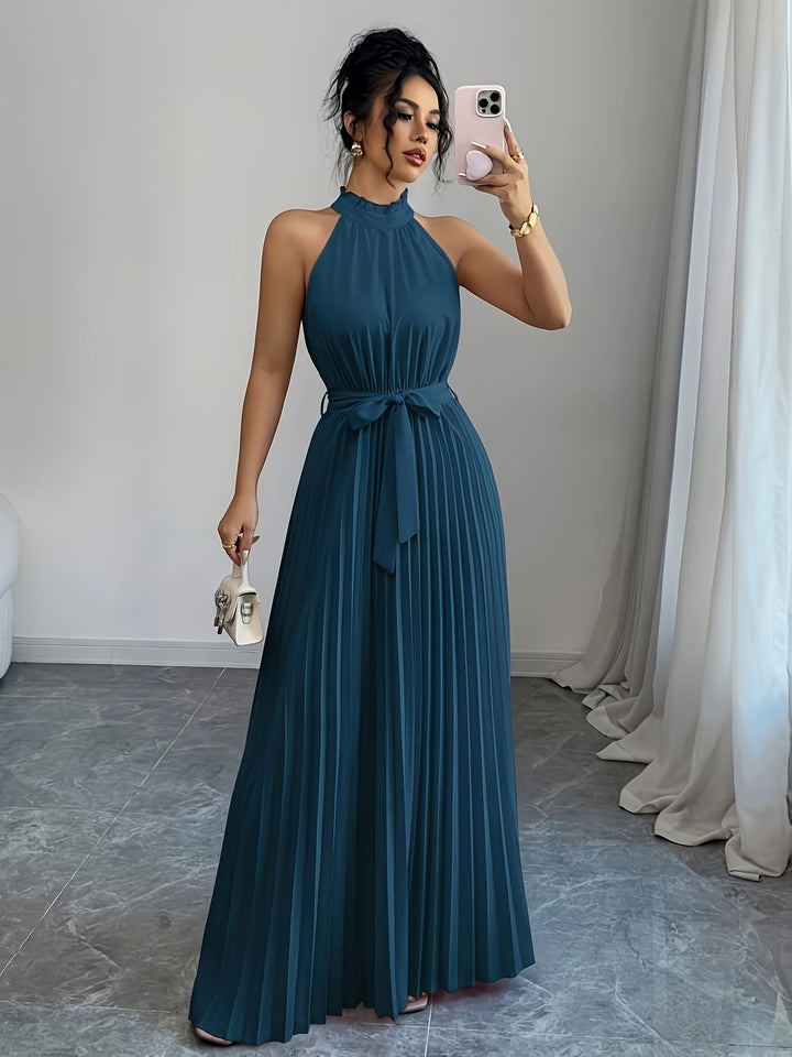Rose - Sleeveless Pleated Waist-cinching Maxi Dress
