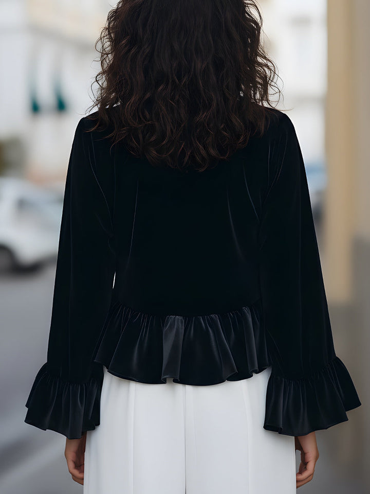Bree - Round Neck Velvet Ruffle-Trim Blouse