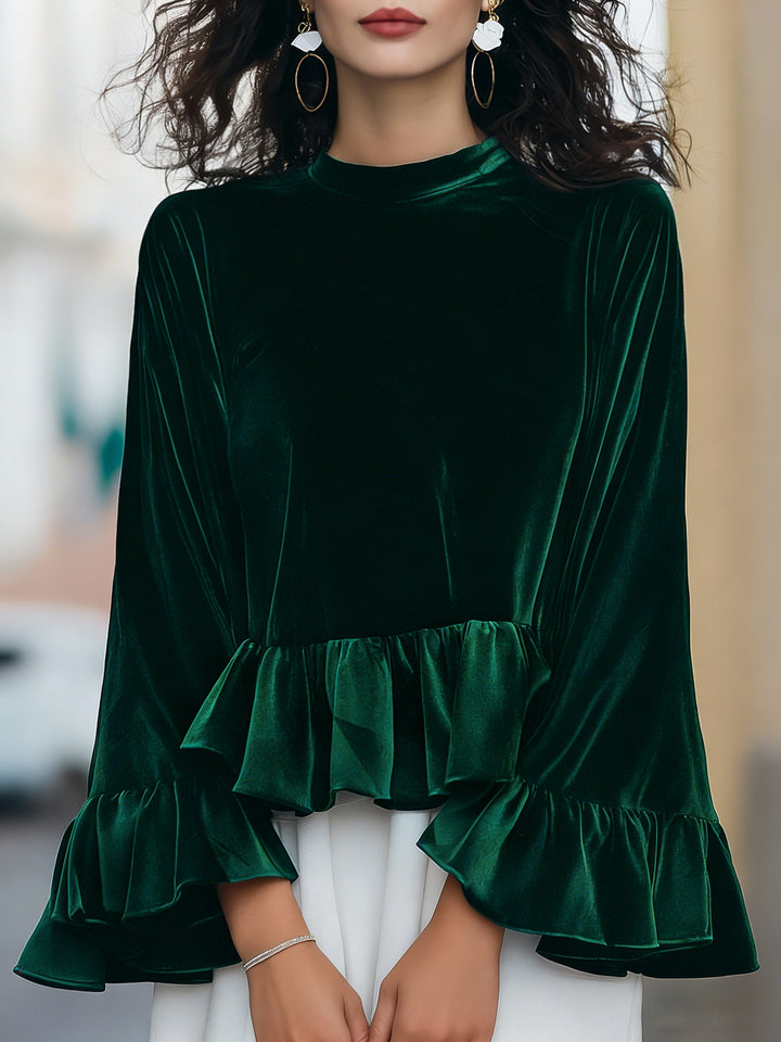 Bree - Round Neck Velvet Ruffle-Trim Blouse