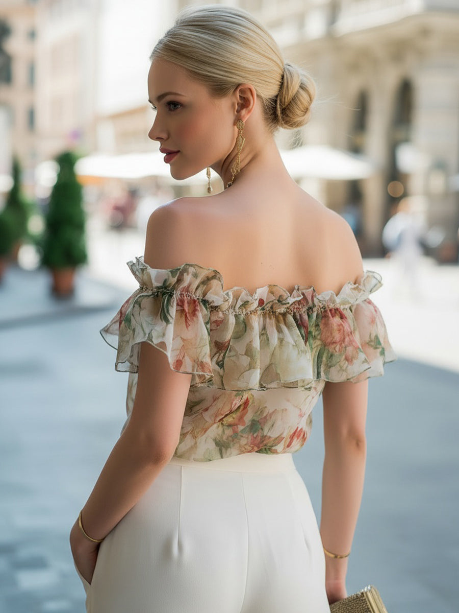 Nicky - Off-Shoulder Ruffle Floral Chiffon Blouse