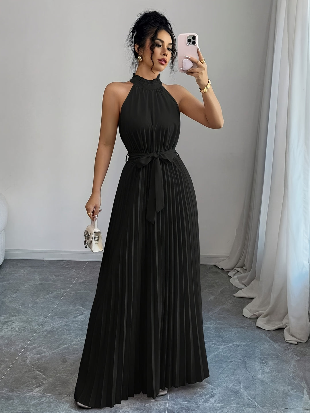 Rose - Sleeveless Pleated Waist-cinching Maxi Dress