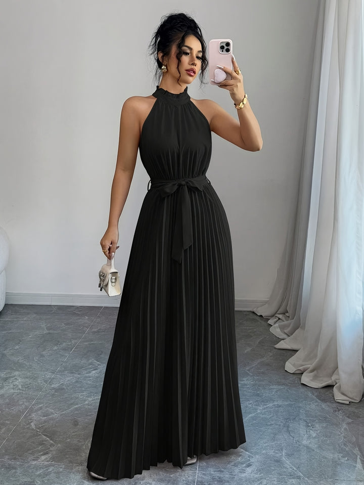 Rose - Sleeveless Pleated Waist-cinching Maxi Dress