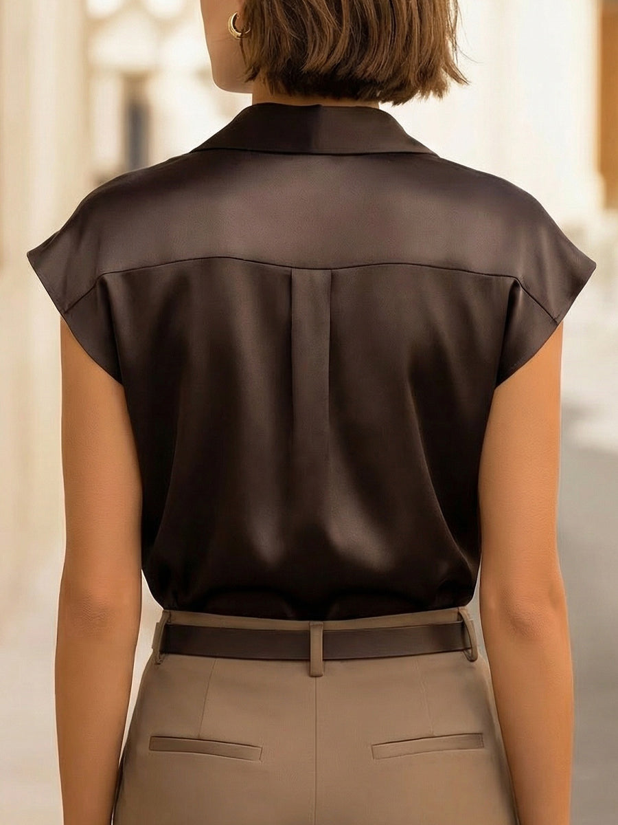 Ava - Sleeveless Draped Button-Front Satin Top Blouse