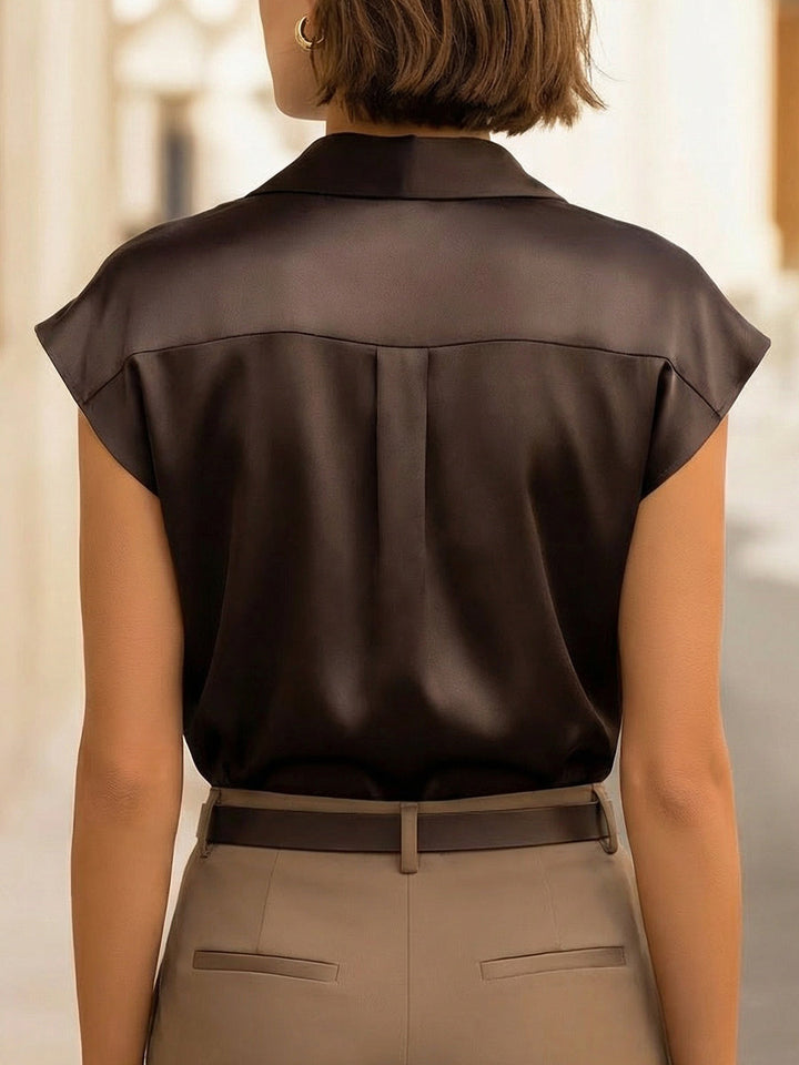 Ava - Sleeveless Draped Button-Front Satin Top Blouse