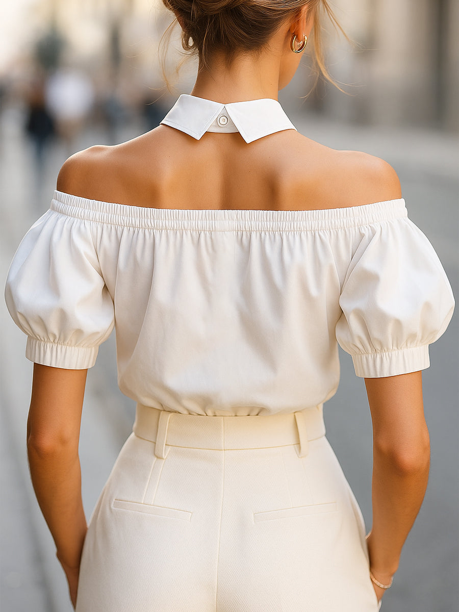 Olivia - Chic Off-Shoulder Button-Up White Blouse