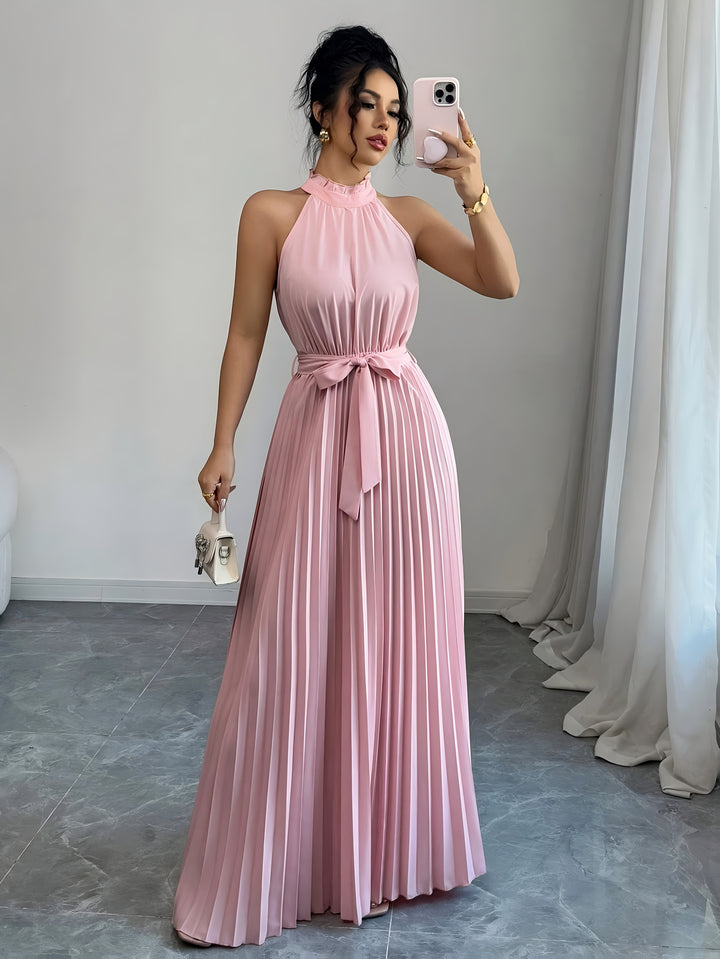 Rose - Sleeveless Pleated Waist-cinching Maxi Dress