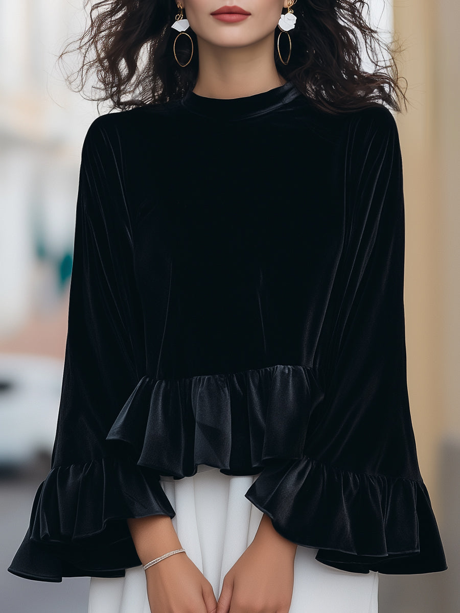 Bree - Round Neck Velvet Ruffle-Trim Blouse