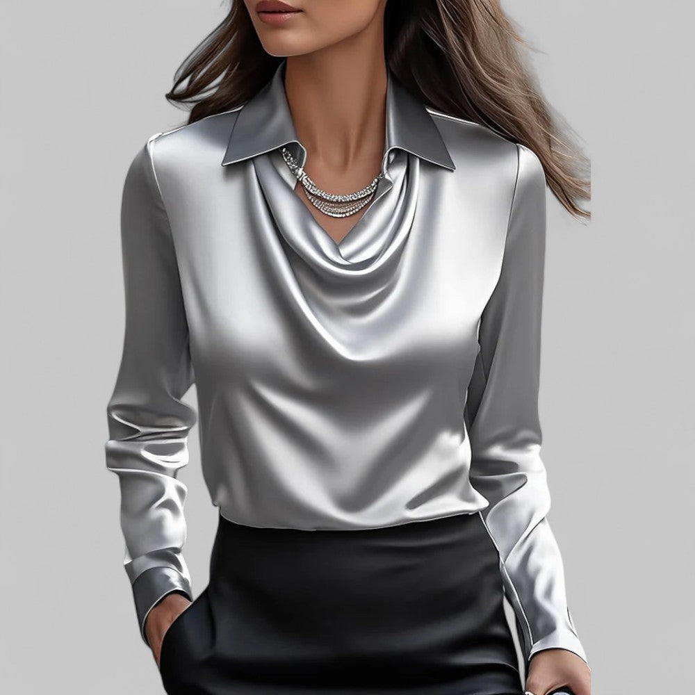 Rose | Women Draped Neck Long Sleeve Satin Blouse