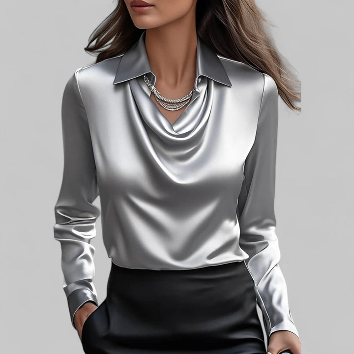 Rose | Women Draped Neck Long Sleeve Satin Blouse