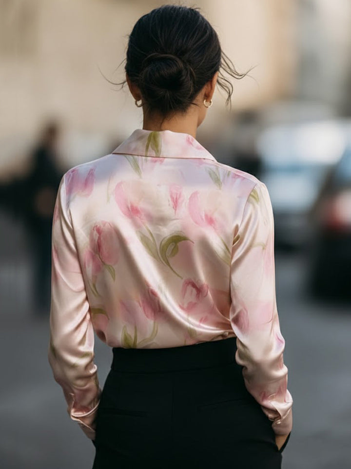 Nora - Elegant Pink Satin Floral Blouse