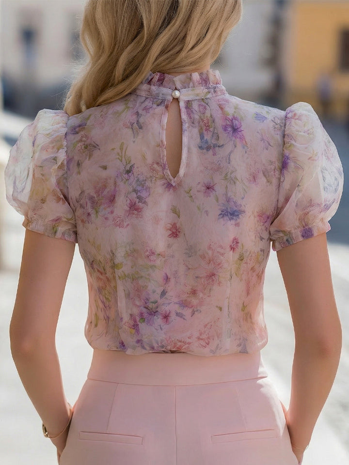 Mia - Floral Puff Sleeve Tie-Neck Chiffon Blouse