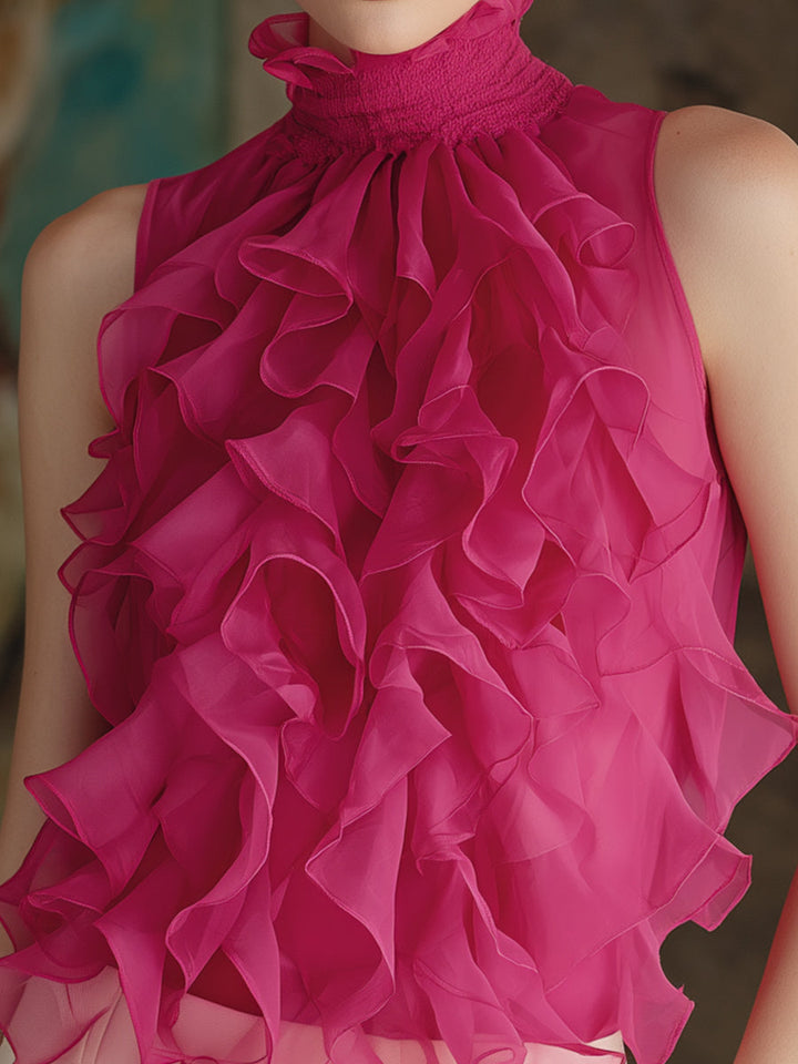 Aria - Ruffled High-Neck Sleeveless Chiffon Blouse