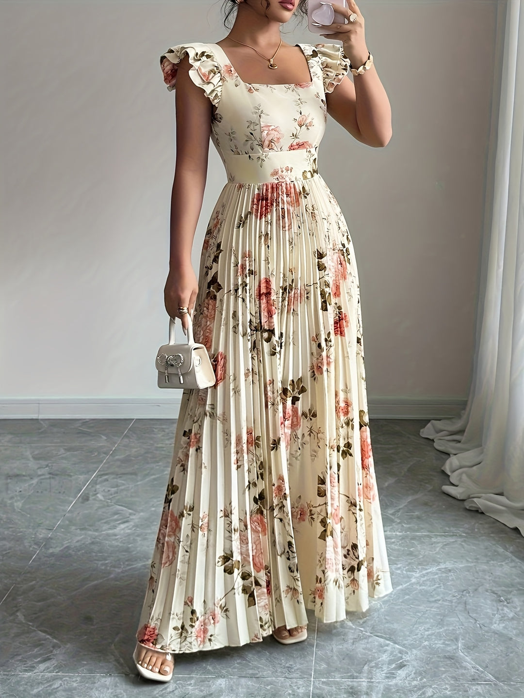 Angel - Elegant Floral Print Pleated Hem Maxi Dress