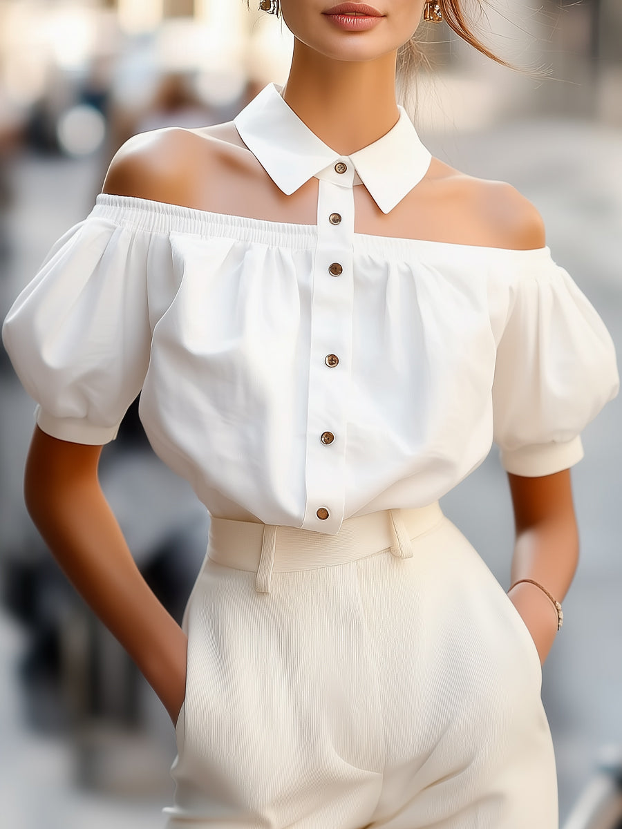 Olivia - Chic Off-Shoulder Button-Up White Blouse