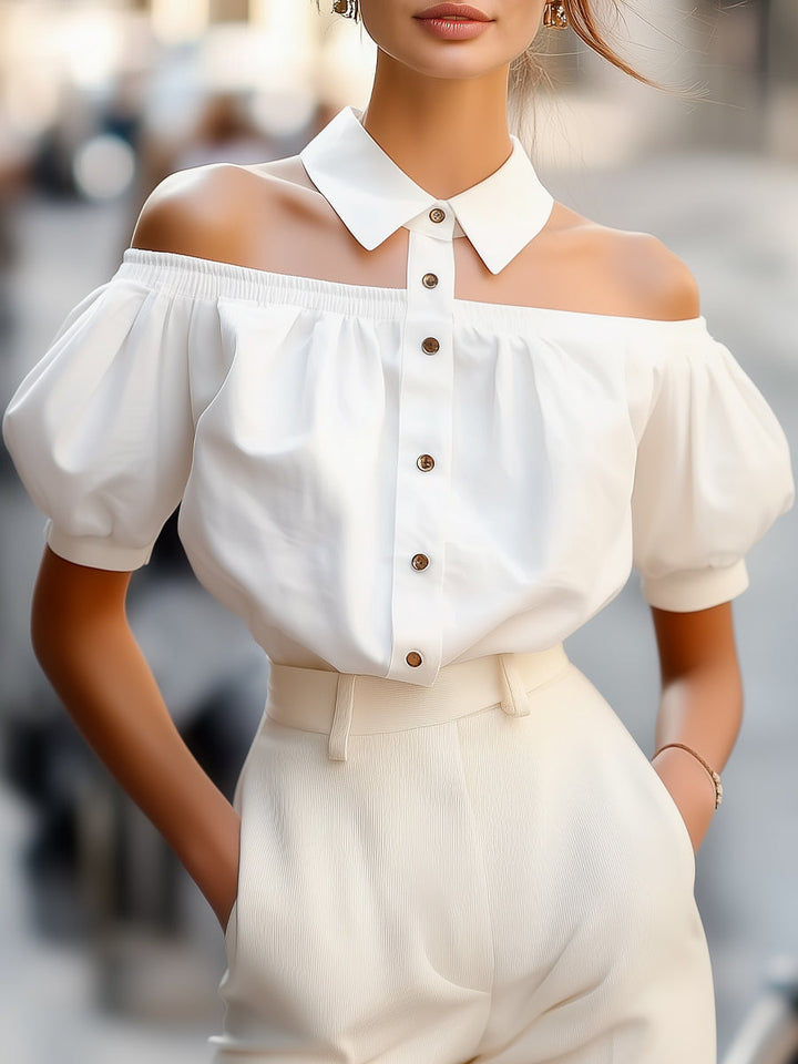 Olivia - Chic Off-Shoulder Button-Up White Blouse