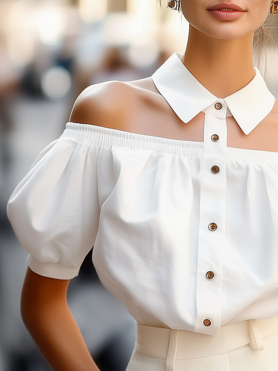 Olivia - Chic Off-Shoulder Button-Up White Blouse