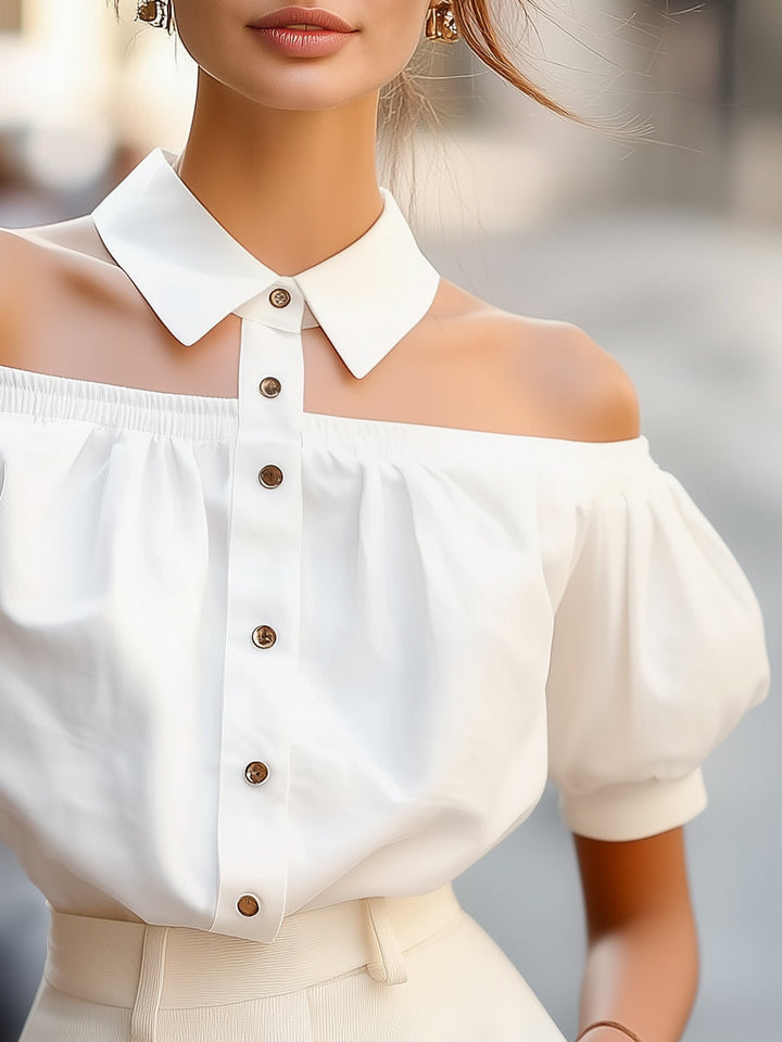 Olivia - Chic Off-Shoulder Button-Up White Blouse