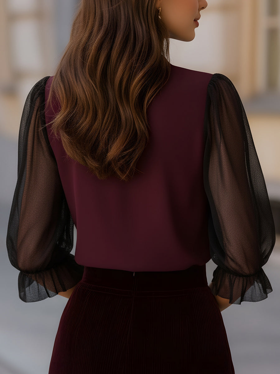 Susan - Sheer Puff Sleeve Button-Up Blouse