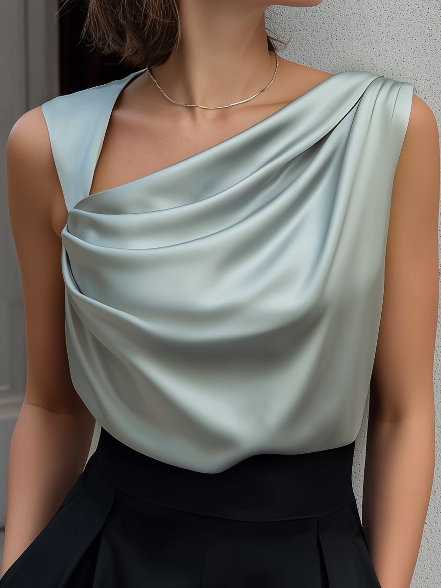 Madie - Elegant Sleeveless Satin Draped Neck Blouse