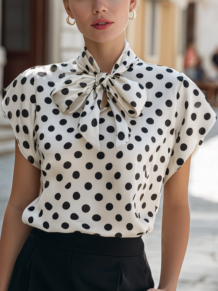Luna - Satin Polka Dot Bow Tie Neck Blouse