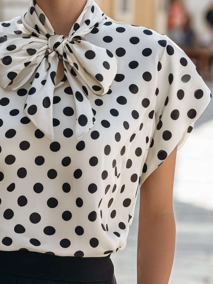 Luna - Satin Polka Dot Bow Tie Neck Blouse