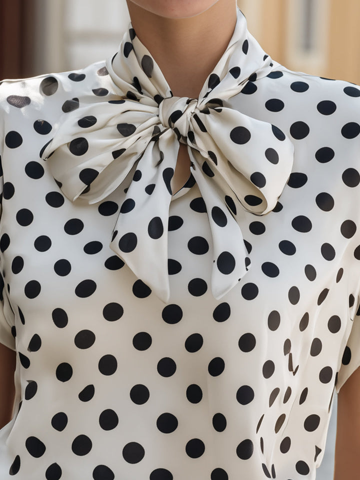 Luna - Satin Polka Dot Bow Tie Neck Blouse