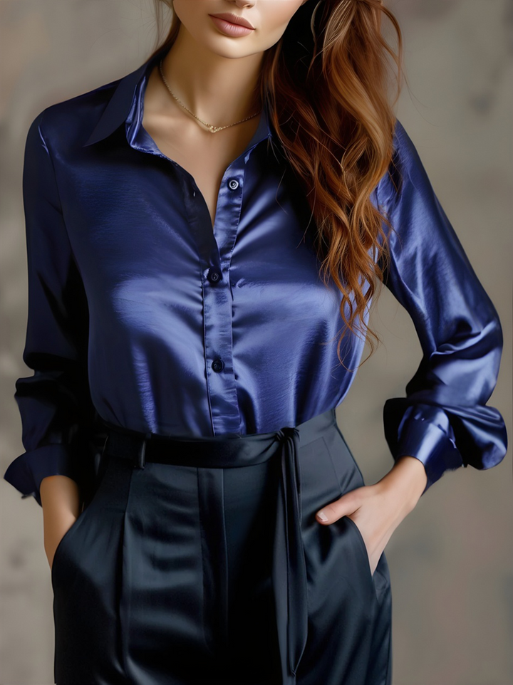 Monie - Elegant Black Satin Long Sleeves Blouse