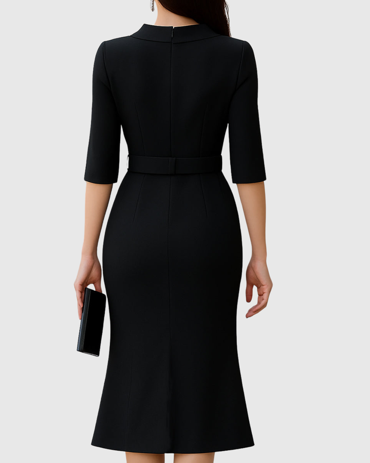 Naomi - Formal Belted Mock Neck Midi Dress with Split Sleeves