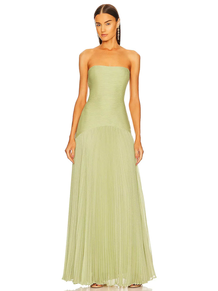 Sage - Strapless Formal Pleated Maxi Dress