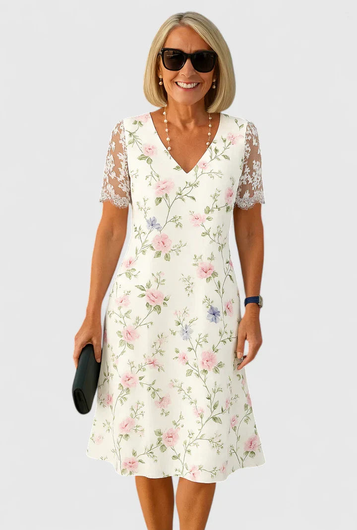 Brislyn - Elegant White Floral Midi Dress