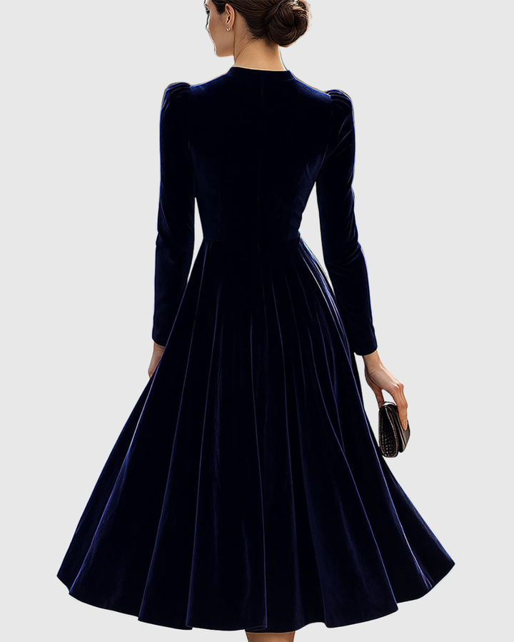 Sibella - Navy Long-Sleeve Formal Midi Dress