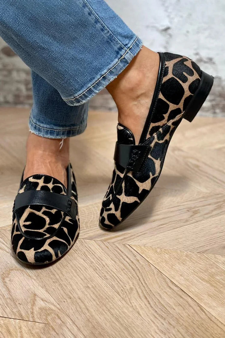 Laura - Womens Animal Print Loafers With Black Strap