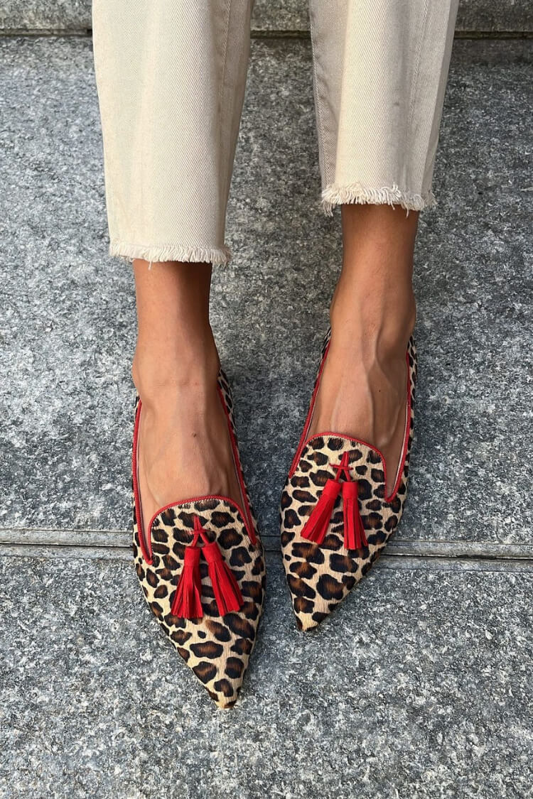 Cleo - Womens Animal Print Red Tassels Loafers