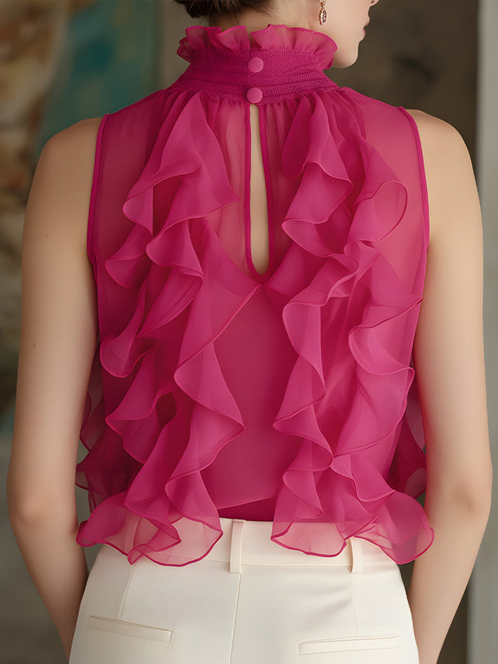 Aria - Ruffled High-Neck Sleeveless Chiffon Blouse