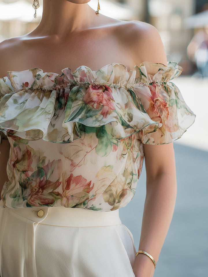 Nicky - Off-Shoulder Ruffle Floral Chiffon Blouse