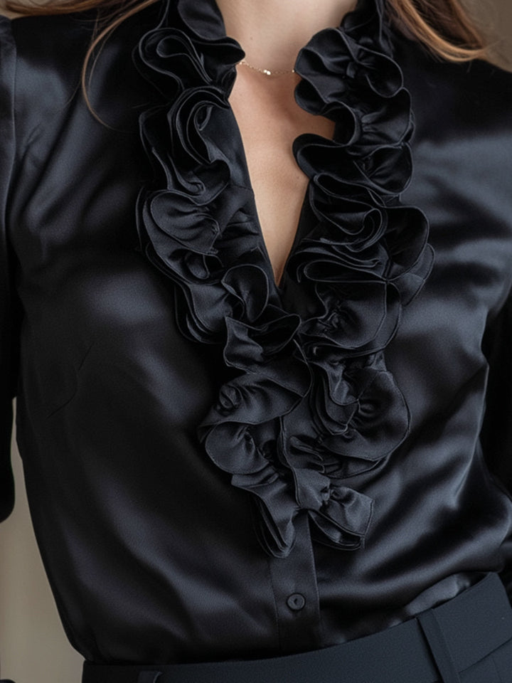 Mika - Black Satin Ruffled Long Sleeve V-Neck Blouse