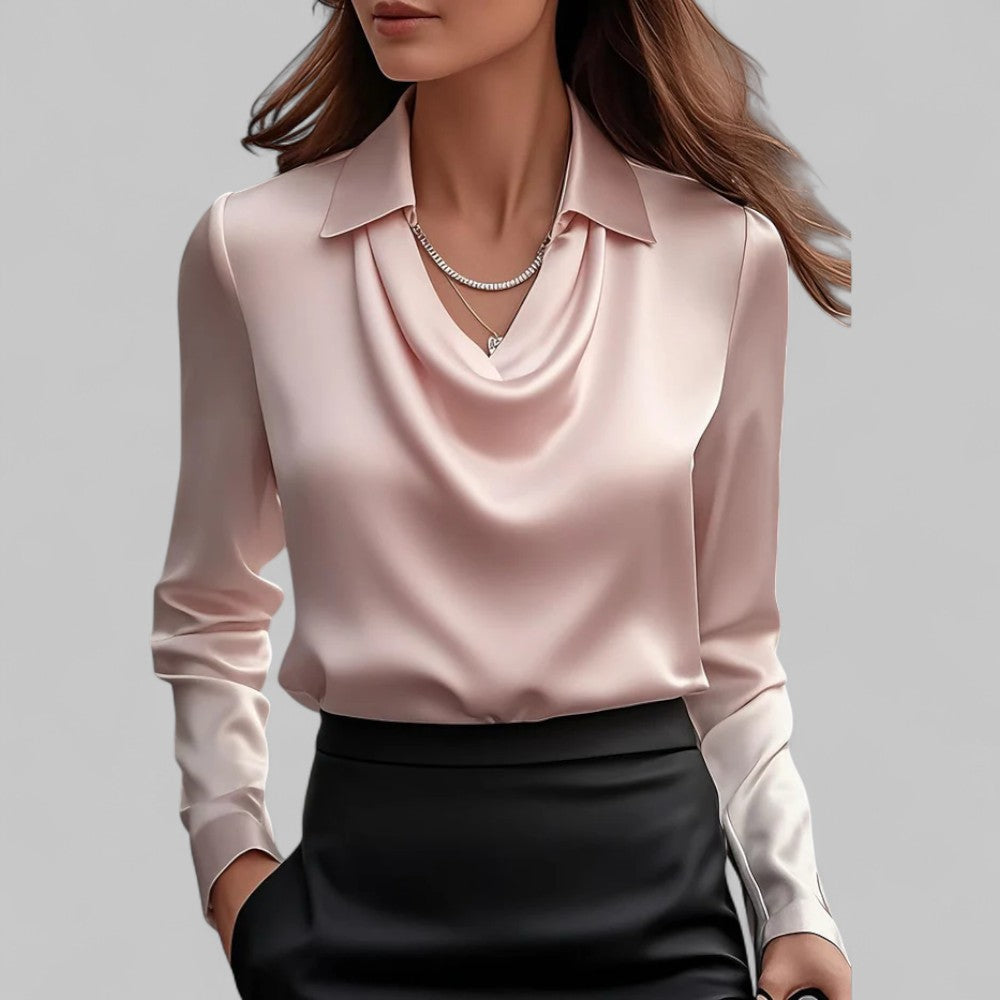 Rose | Women Draped Neck Long Sleeve Satin Blouse