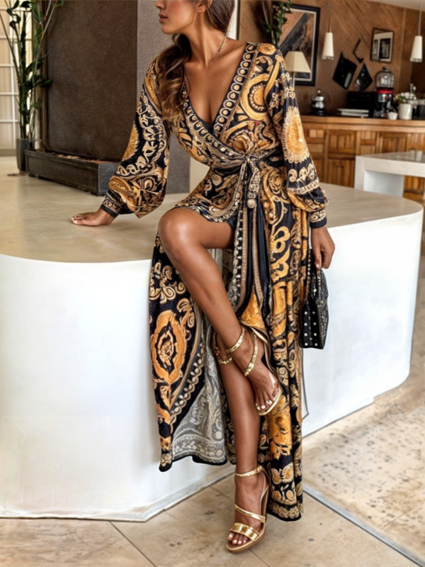 Lune - Elegant Golden Print and High Slit Maxi Dress