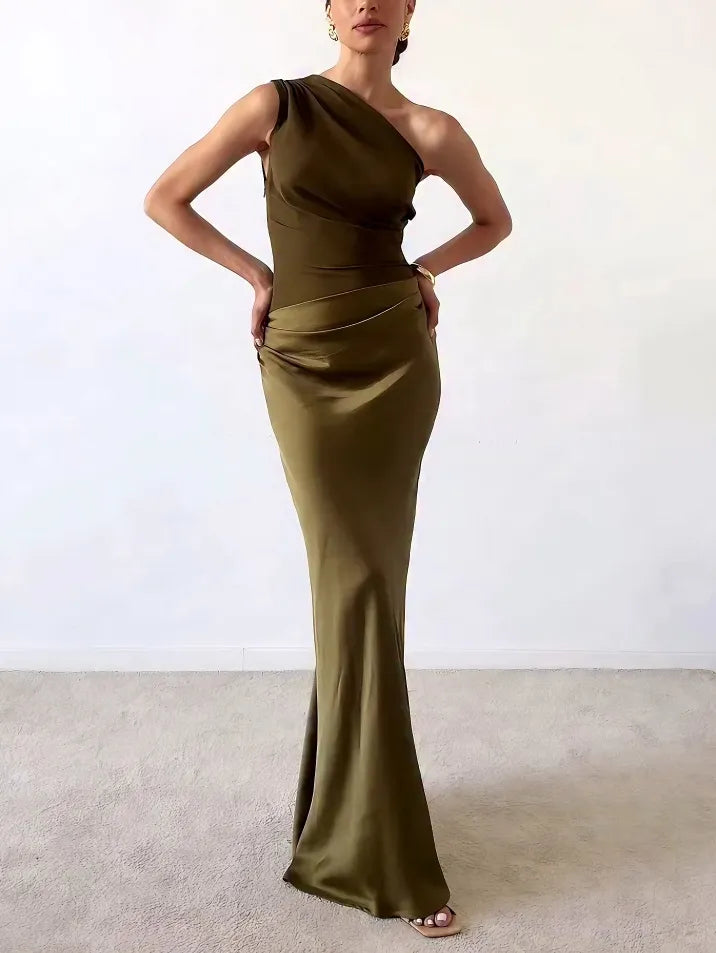 Anita - Elegant One Shoulder Neck Pleated Maxi Dress