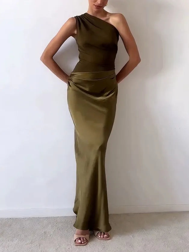 Anita - Elegant One Shoulder Neck Pleated Maxi Dress