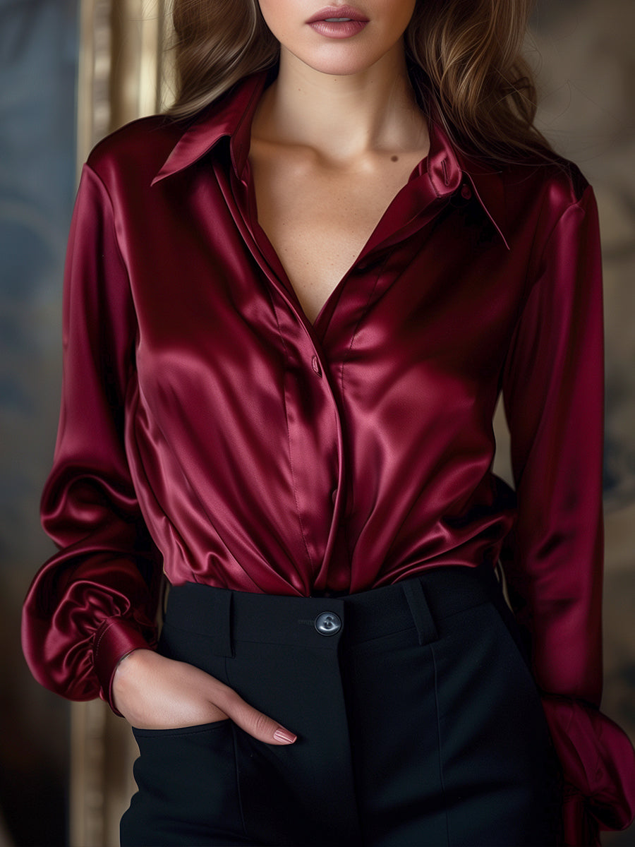 Monie - Elegant Black Satin Long Sleeves Blouse