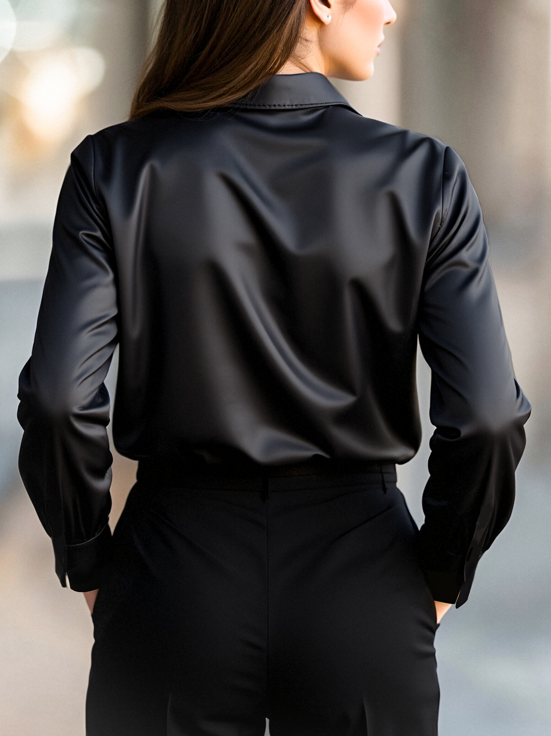 Monie - Elegant Black Satin Long Sleeves Blouse
