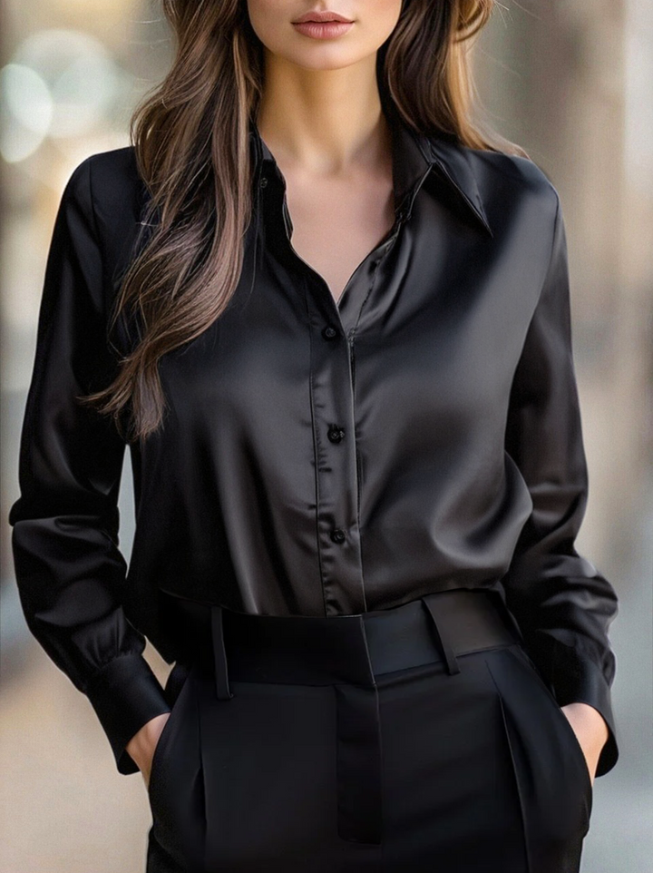 Monie - Elegant Black Satin Long Sleeves Blouse