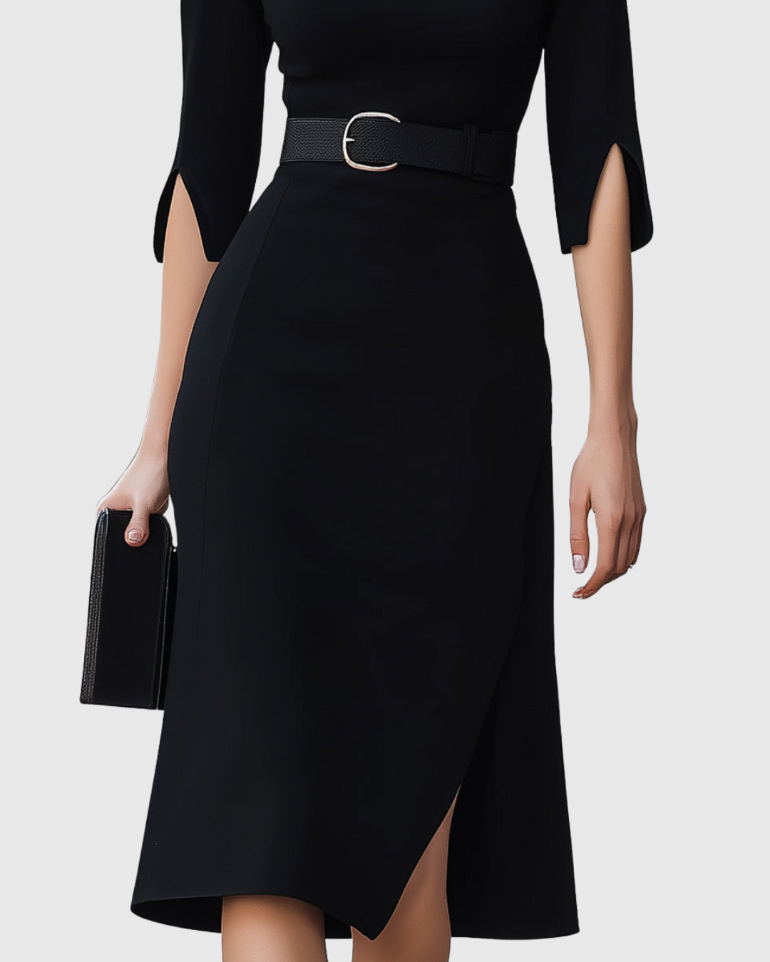 Naomi - Formal Belted Mock Neck Midi Dress with Split Sleeves