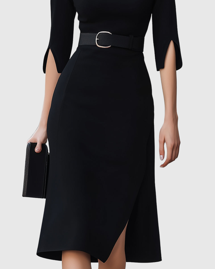 Naomi - Formal Belted Mock Neck Midi Dress with Split Sleeves