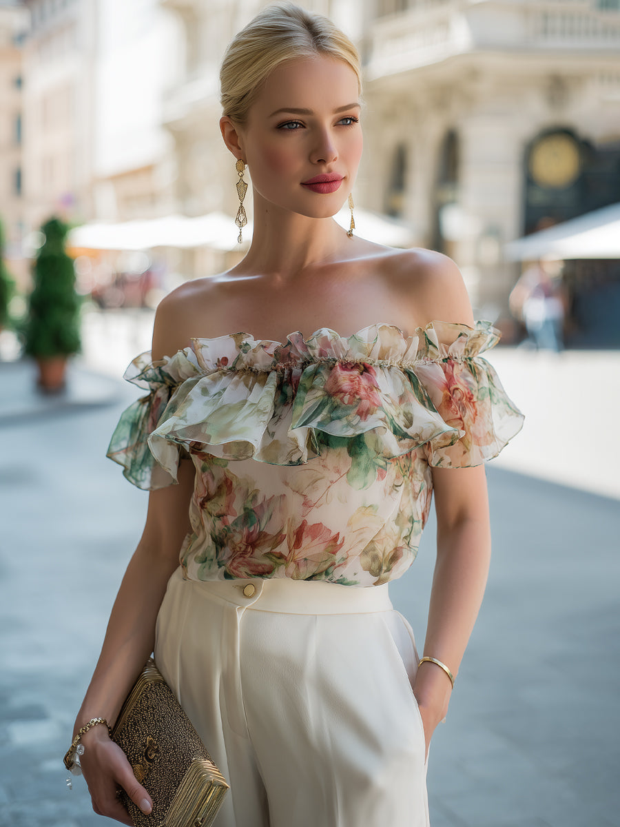 Nicky - Off-Shoulder Ruffle Floral Chiffon Blouse