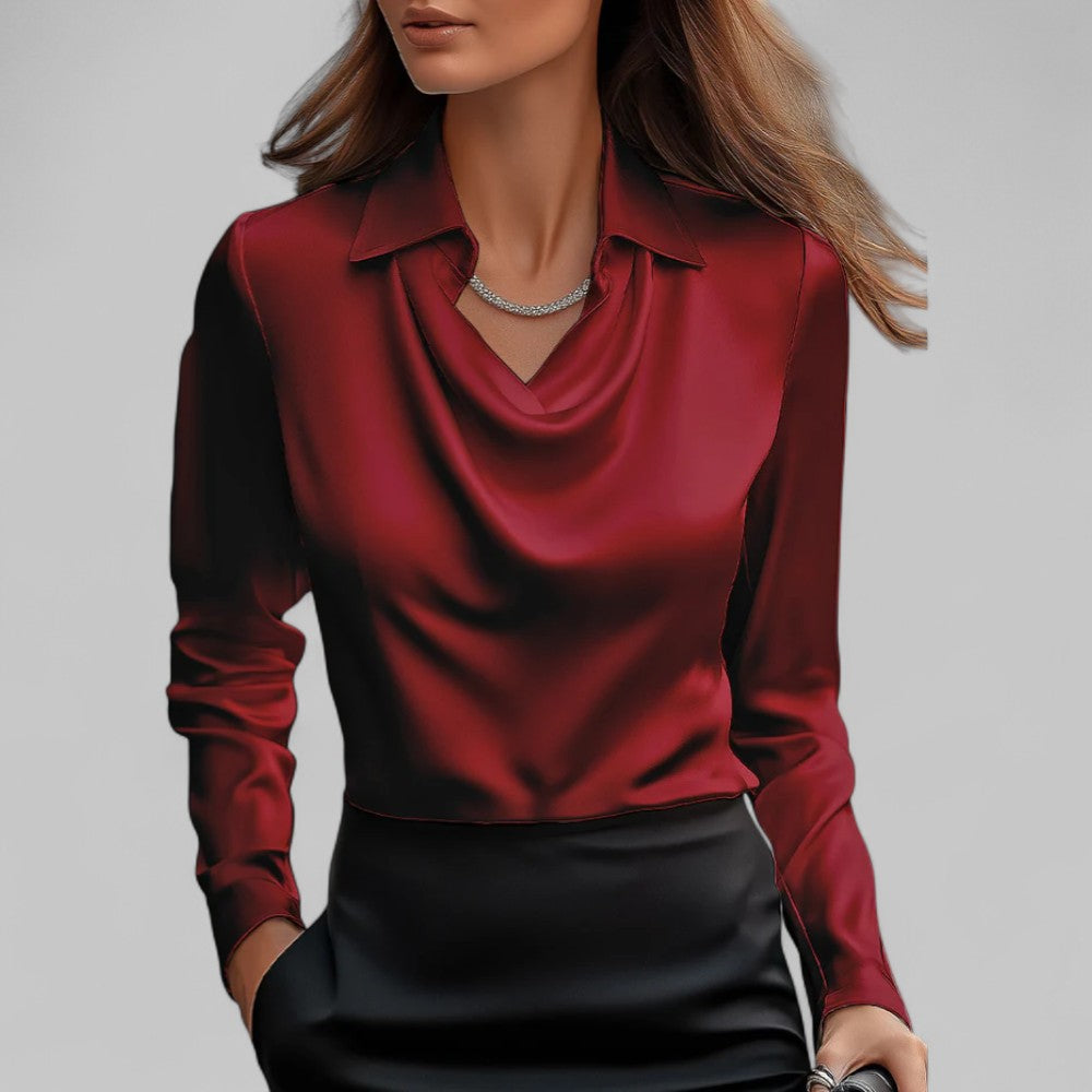 Rose | Women Draped Neck Long Sleeve Satin Blouse